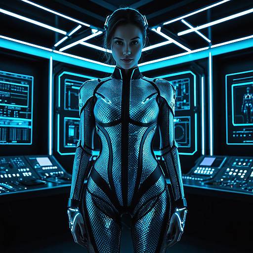Female Cyborg in Neon-Lit Control Room