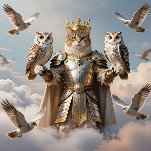 Digital artwork of a regal cat in gold armor and crown, holding two owls, set against a cloudy sky with flying birds.