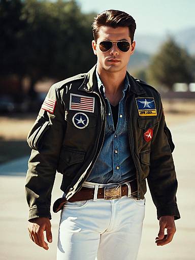 Man in Top Gun Inspired Aviator Jacket and Sunglasses