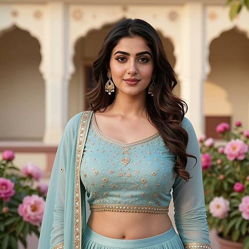 Photograph of a beautiful Indian woman with long dark hair, wearing a light blue, gold-embroidered crop top and matching dupatta, standing