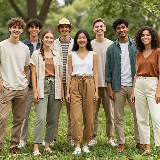 Photograph of seven diverse, smiling young adults in casual summer clothes standing on green grass in a sunny park.