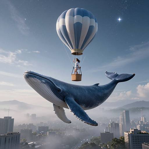 Photorealistic CGI: Blue-and-white striped balloon with basket floats above a massive, detailed blue whale over a foggy cityscape with skyscrapers
