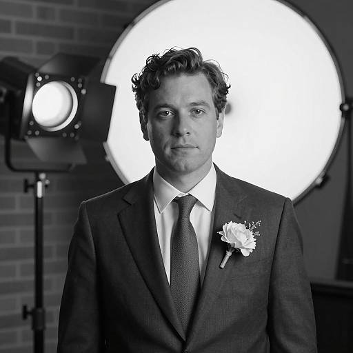 Black and White Portrait of Man in Suit with Boutonniere