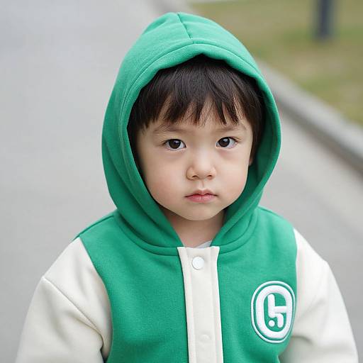 Serious Young Child in Green Hoodie