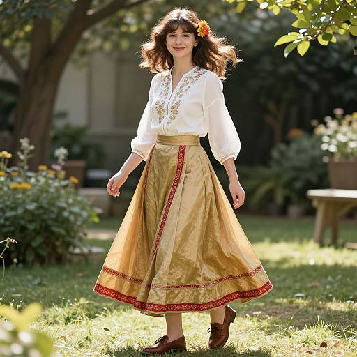 Photograph of a smiling young woman with wavy brown hair, wearing a white blouse with gold embroidery, gold skirt with red trim, brown shoes,