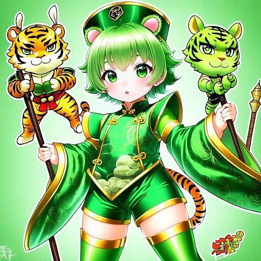 Illustration of Dragon kid, tiger & bunny in the style of Yayoi maka