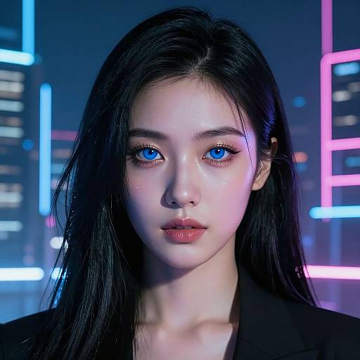 CGI portrait of a young Asian woman with striking blue eyes, glossy black hair, and glowing skin, set against a neon-lit cityscape background