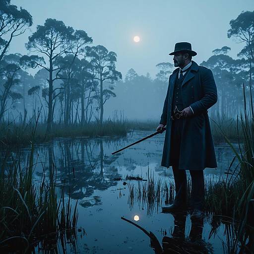 Victorian Detective in Foggy Swamp at Dawn