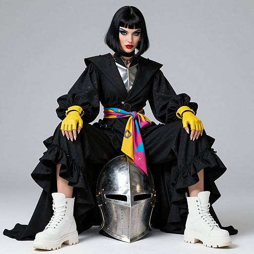 Photograph of a black-haired woman with bold red lipstick, wearing a black dress, yellow gloves, white boots, and a colorful sash, seated