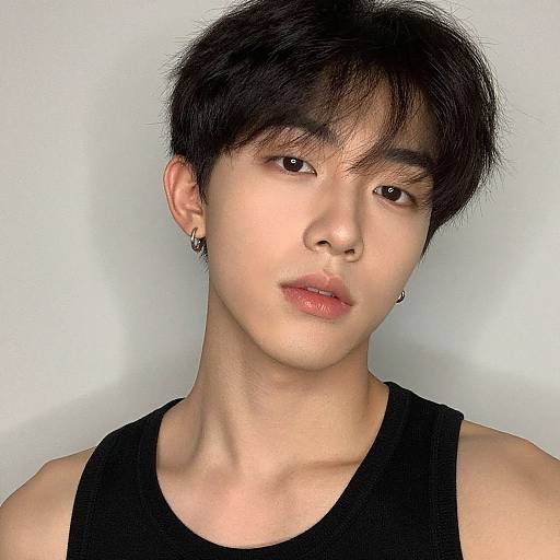 Photograph of an Asian man with short black hair, wearing a black tank top, small earrings, and neutral expression against a plain white background.
