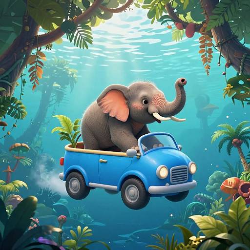 Colorful digital illustration of a playful gray elephant with pink ears driving a blue toy car through a vibrant underwater jungle.
