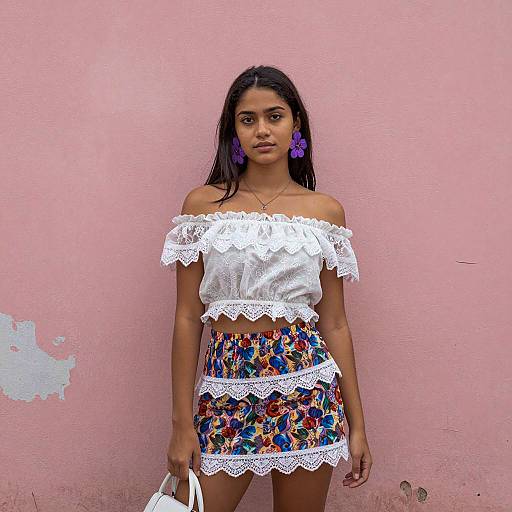 Young woman in white lace crop top and floral skirt