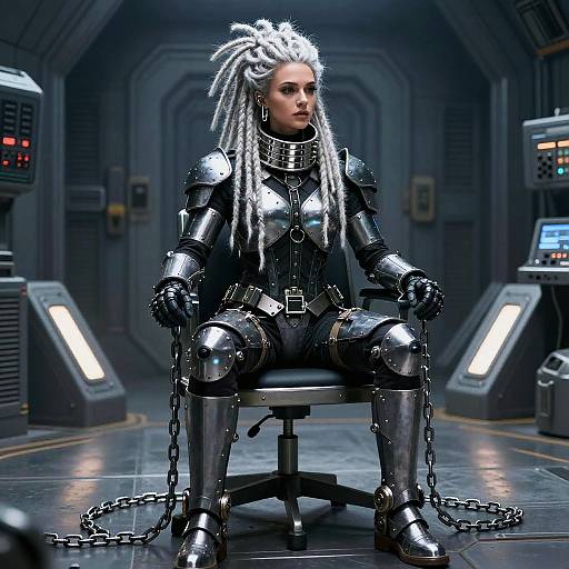 Photorealistic CGI of a white woman with silver dreadlocks in shiny black armor, seated in a futuristic room with chains, control panels, and dim