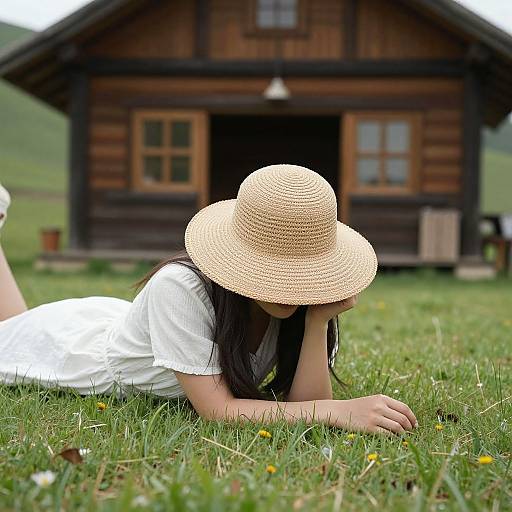 Photograph of a woman with long black hair lying on grass, wearing a large straw hat and white dress, in front of a wooden cabin.