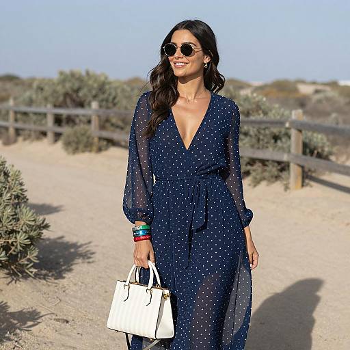 Woman in blue polka dot dress on sandy path