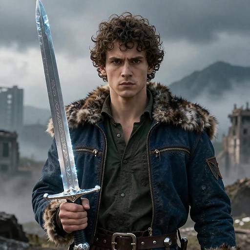 Young Man with Glowing Sword in Ruined City