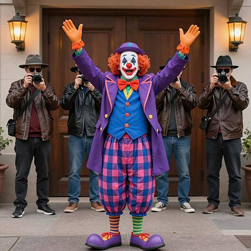 Colorful Clown with Photographers in Urban Setting