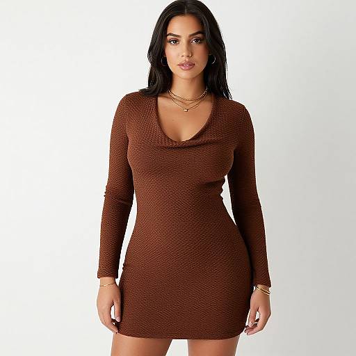 Photograph of a young woman with long black hair, wearing a brown, long-sleeve, V-neck mini dress, gold necklaces, and