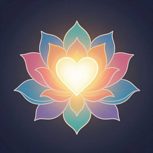 Digital illustration of a vibrant, glowing lotus flower with neon pink, blue, and purple petals against a dark blue background.