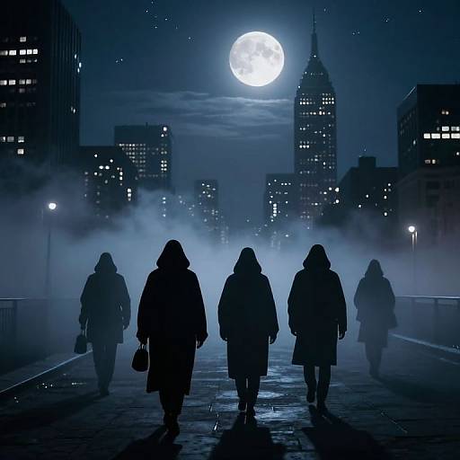 Silhouetted figures in hooded coats walk on a foggy, moonlit city bridge, flanked by skyscrapers, with a bright