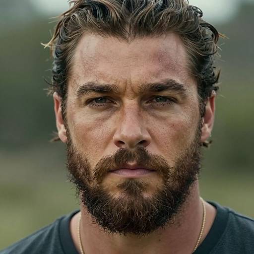 Photograph of a rugged, bearded man with tousled brown hair, intense eyes, slight frown, wearing a black shirt and gold chain,