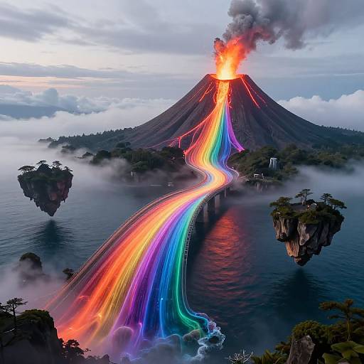 Photorealistic digital art of a volcanic island with a vibrant rainbow lava flow, erupting at the summit, surrounded by floating islands over a misty