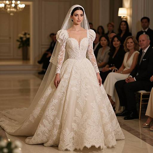 Photograph of a bride in an elegant, white lace wedding gown with long sleeves and a deep V-neck, walking on a marble floor in a luxurious