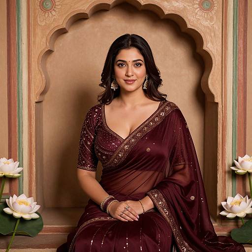 Regal South Asian Woman in Maroon Saree