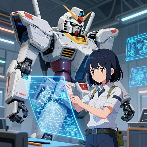 Anime-style digital artwork of a young girl with black hair and a white shirt operating a holographic interface in front of a large, white and red robotic