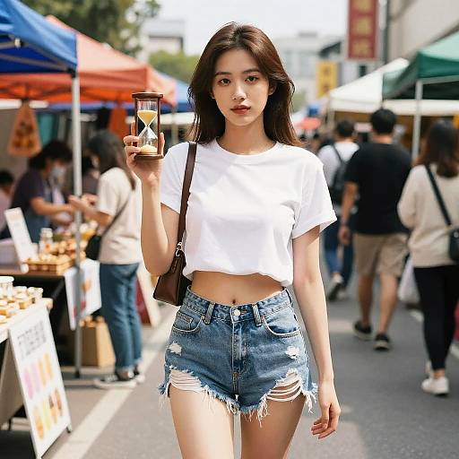 Photograph of an East Asian woman with long black hair, wearing a white crop top and frayed denim shorts, holding a phone, standing in a