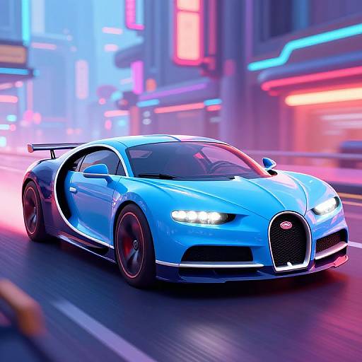 Photorealistic CGI of a sleek, blue W12 Aston Martin racing through a neon-lit, futuristic urban street at night.