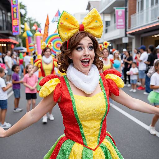 Photograph of a joyful woman in a colorful, glittery clown costume with a large yellow bow, dancing in a bustling street parade.