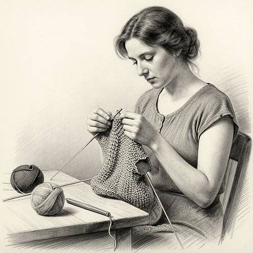Charcoal Drawing of Woman Knitting