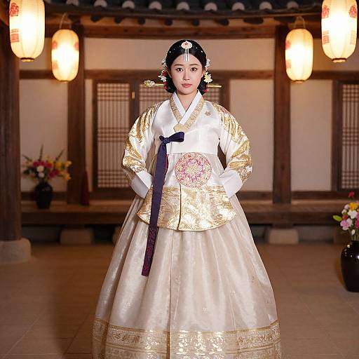Korean woman in traditional gold and white hanbok, standing in a warmly lit, wooden Japanese-style room, with lanterns and floral arrangements.