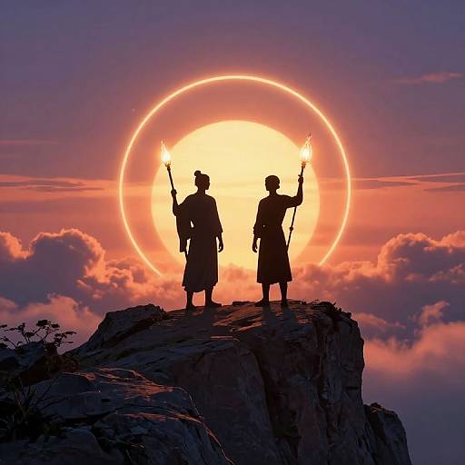 Silhouetted figures with torches standing on rocky cliff against vibrant sunset and glowing halo, surrounded by clouds. Photographic art.