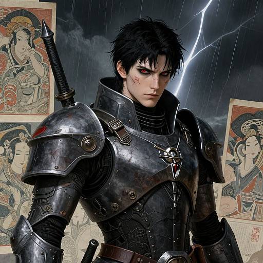 Digital artwork of a stern, black-haired warrior in shiny, weathered armor with a sword, standing in the rain under lightning, surrounded by traditional Japanese