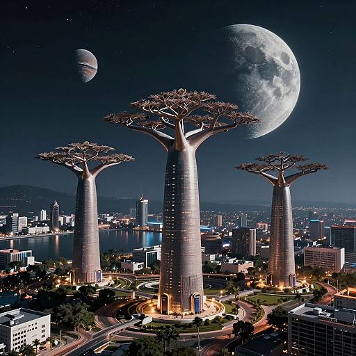 Photorealistic CGI of a futuristic cityscape at night with three towering, illuminated, tree-like skyscrapers, a large full moon, and a