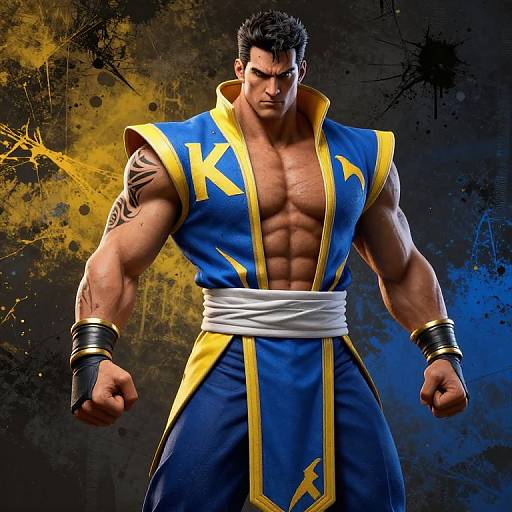 Photograph of a muscular, dark-haired man in a blue and yellow sleeveless martial arts outfit, flexing with fists clenched, black wristbands
