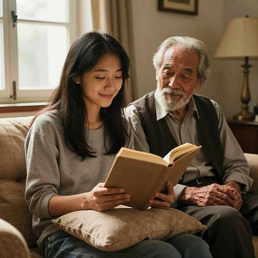 Young Woman Reading with Elderly Man on Couch