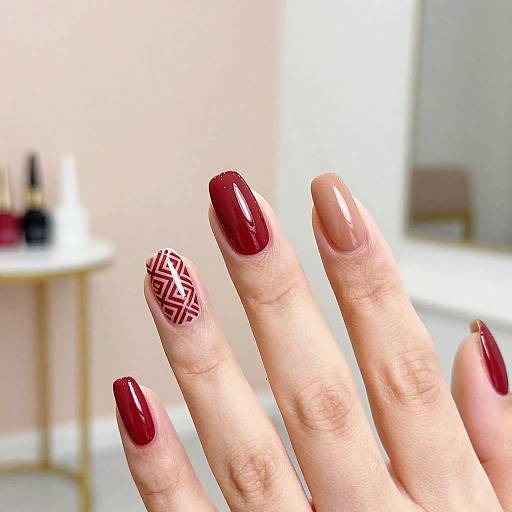 Trendy Red and Tan Geometric Nails