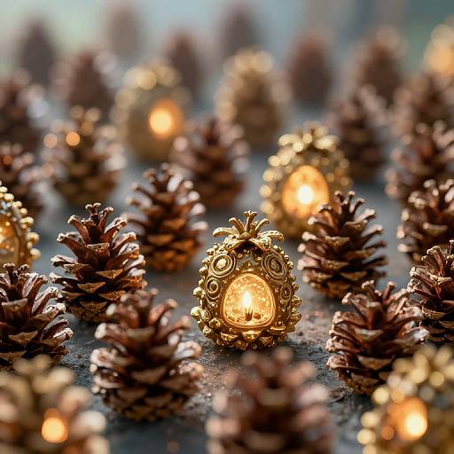 Photograph of decorative, glowing, gold-ornamented pinecones scattered on a dark surface, creating a warm, enchanting, bokeh
