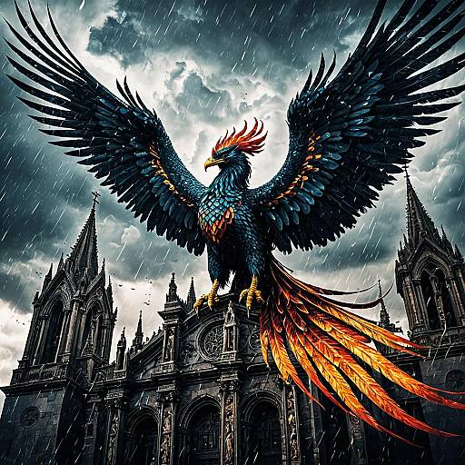 Epic Phoenix on Gothic Cathedral in Storm