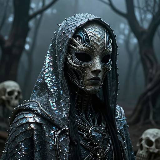 Photorealistic digital art of a dark, armored figure with a reptilian helmet in a foggy forest, surrounded by skulls.