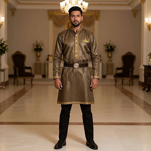 Photograph of a bearded man in a gold-embroidered brown traditional kurta, black pants, and belt, standing in an ornate