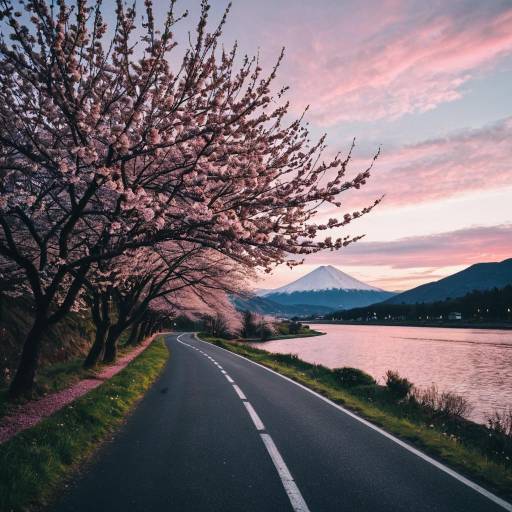 Cherry Blossom Road at Sunset with Mount Fuji