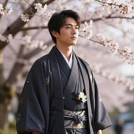 Half Japanese Man in Kimono with Cherry Blossoms
