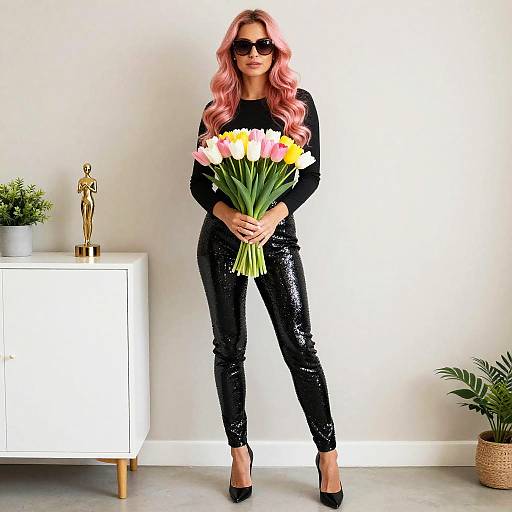 Woman with Pink Hair Holding Tulip Bouquet