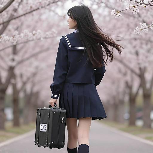 Girl in Navy School Uniform Walking Through Cherry Blossoms