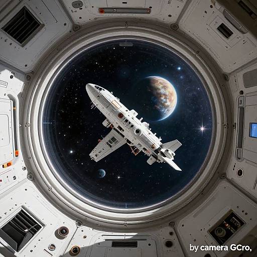 Photograph of a white spacecraft viewed through a circular space station window, with a distant planet and stars in the dark cosmos; by camera.co.ro watermark