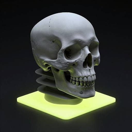 CGI image of a glowing white skeletal head with detailed teeth and hollow eyes, standing on a neon yellow square against a black background.